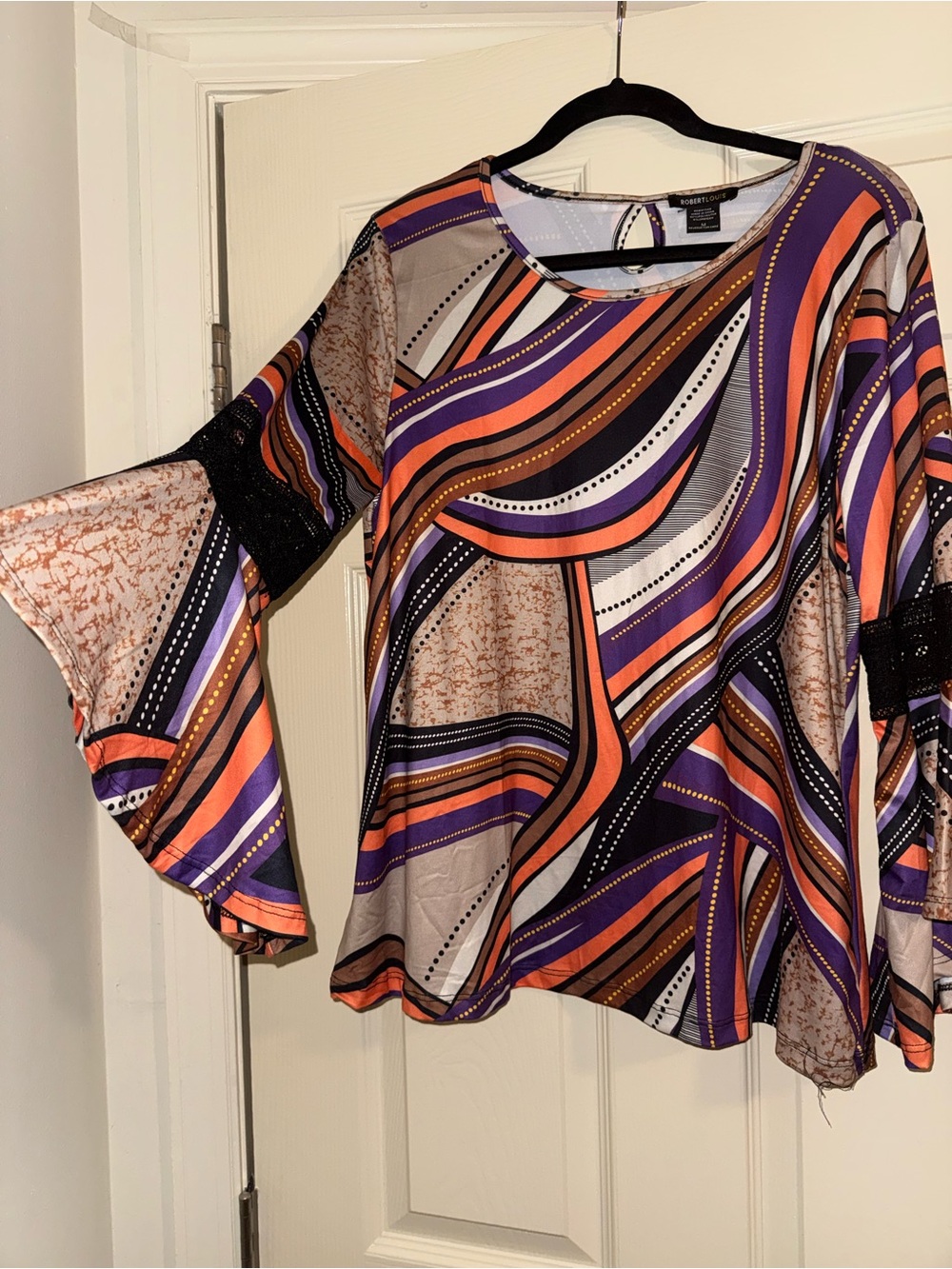Robert Louis Abstract Wave Bell-Sleeve Blouse in Purple, Orange and Cream